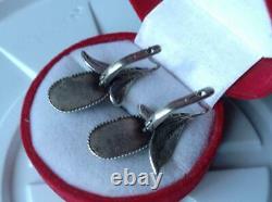 Big Vintage USSR Filigree Sterling Silver 925 Womens Earrings GemStone Turquoise