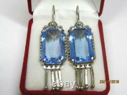 Big Vintage USSR Russian Sterling Silver 875 Womens Earrings Blue GemStone