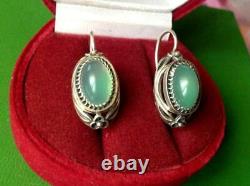 Big Vintage USSR Sterling Silver 875 Womens Earrings Natural Stone Jade Nephrite