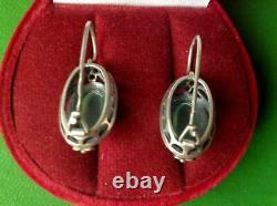Big Vintage USSR Sterling Silver 875 Womens Earrings Natural Stone Jade Nephrite
