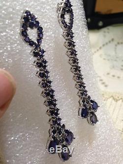 Blue Iolite Gemstone 92.5% Sterling Silver Vintage Long Shoulder Duster Earrings