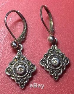 Bohemian Vintage 14K Gold Garnet & Sterling Silver Marcasite Diamond Earrings