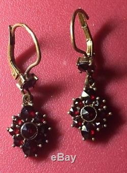 Bohemian Vintage 14K Gold Garnet & Sterling Silver Marcasite Diamond Earrings