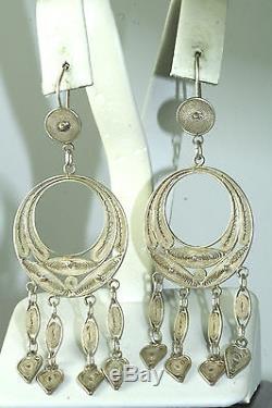 Bold Fancy Vintage Sterling Silver Filigree Gypsy Dangling Hoop Earrings