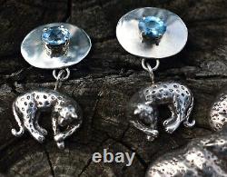 Carol Felley Vintage Leopard Sterling Silver Blue Topaz Earrings