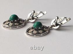 Chic Original Vintage Sterling Silver 925 Malachite Stone Women Jewelry Earrings
