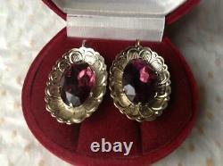 Chic Vintage Antique Soviet USSR Russian Earrings Stone Gilt Sterling Silver 875