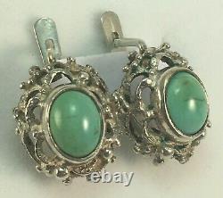 Chic Vintage Original Sterling Silver 875 Earrings With Natural Turquoise USSR