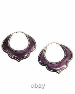 Chinese export purple cloisonné enamel antique sterling silver hoop earrings 925