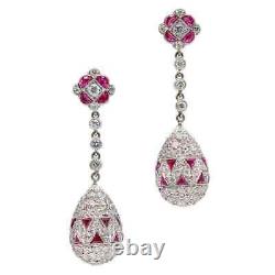 Classic Royal Vintage Style Dangle Drop Earrings With Pave White CZ & Pink Ruby