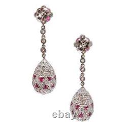 Classic Royal Vintage Style Dangle Drop Earrings With Pave White CZ & Pink Ruby