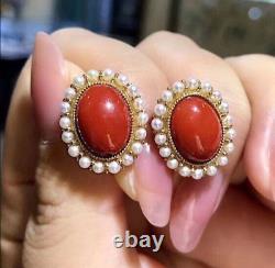 Coral Earring Vintage 10x12mm Red Coral & Pearl Stud Earring 14k Yellow Gold Fn
