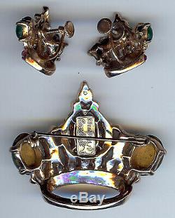 Coro Craft Vintage Sterling Rhinestone Glass Cabochons Crown Pin Earrings Set