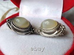 Cute Vintage USSR Sterling Silver 875 Womens Earrings Natural Stone Agate Gift