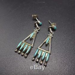 DELICATE Signed Vintage ZUNI Sterling Silver & TURQUOISE Needlepoint EARRINGS