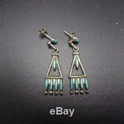 DELICATE Signed Vintage ZUNI Sterling Silver & TURQUOISE Needlepoint EARRINGS