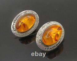 DESIGNER 925 Sterling Silver Vintage Cabochon Cut Amber Drop Earrings EG9543