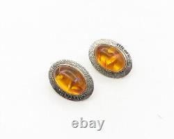 DESIGNER 925 Sterling Silver Vintage Cabochon Cut Amber Drop Earrings EG9543