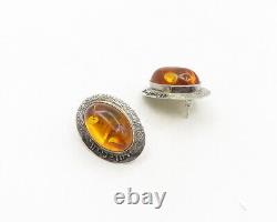 DESIGNER 925 Sterling Silver Vintage Cabochon Cut Amber Drop Earrings EG9543