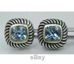 David Yurman 14K Sterling Blue Topaz Albion Gold Silver Earrings Stud Vintage