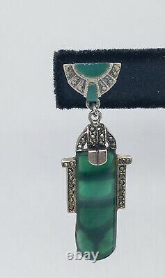 Dazzling Vintage Art Deco Sterling Silver Marcasite Green Onyx Pierced Earrings
