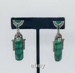 Dazzling Vintage Art Deco Sterling Silver Marcasite Green Onyx Pierced Earrings