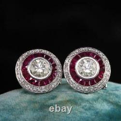 Dazzling White 2.10CT Cubic Zirconia With Pink Shiny Ruby Vintage Halo Earrings