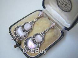 Delightful Vintage Solid Sterling Silver Mother Of Pearl Marcasite Earrings