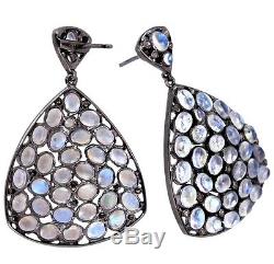 Diamond Moonstone Pave 925 Sterling Silver Dangle Earrings Vintage Style Jewelry