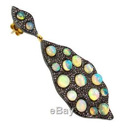 Diamond Pave Opal 14k Gold Dangle Earrings Sterling Silver Vintage Style Jewelry