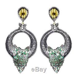 Diamond Studded 925 Sterling Silver Emerald Dangle Earrings Vintage Gold jewelry