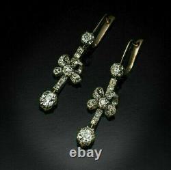 Drop Dangle Victorian Edwardian Estate Earrings 3 Ct Diamond 925 Sterling Silver
