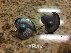 EXQUISITE VINTAGE CHINESE STERLING ENAMEL LEAF EARRINGS WithTURQUOISE-NR