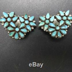 EXQUISITE Vintage ZUNI Sterling Silver TURQUOISE Petit Point EARRINGS Clip-On