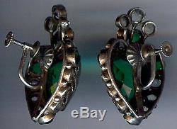 Early Hobe Vintage Sterling Carved Emerald Glass Rhinestone Heart Earrings