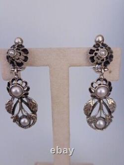 Earrings Big Droop Flower Earrings Sterling silver and Pearl Frida Kahlo Vintage
