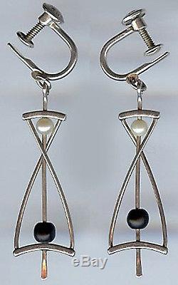 Ed Levin Vintage Modernist Sterling Silver Pearl Black Stone Dangle Earrings