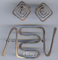 Ed Wiener Vintage Modernist Sterling Silver Maze Like Pin & Earrings Set