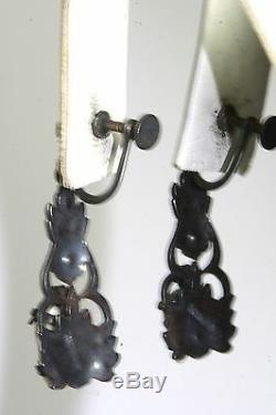 Edwardian Antique Sterling Silver Marcasite Dog Tooth Pearl Dangling Earrings