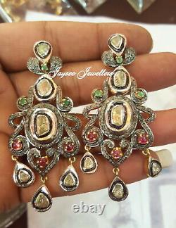 Emerald, Ruby Gemstone With Rose Cut Polki Diamond Earring 925 Sterling Silver