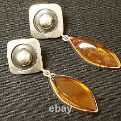 Estate Gorgeous Modernist Sterling Silver Amber Dangle Earrings Vintage Chic