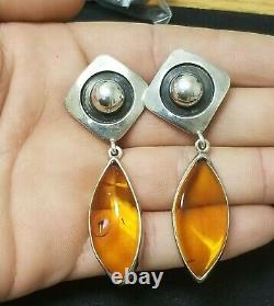 Estate Gorgeous Modernist Sterling Silver Amber Dangle Earrings Vintage Chic