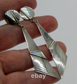 Estate Vintage Abalone Sterling Silver Geometric Pierced Long Dangle Earrings