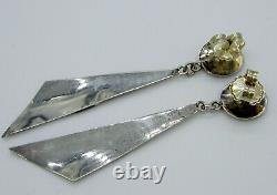 Estate Vintage Abalone Sterling Silver Geometric Pierced Long Dangle Earrings