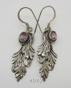 Estate Vintage Artistic Sterling Silver Amethyst Leaf Pierced Dangle Earrings