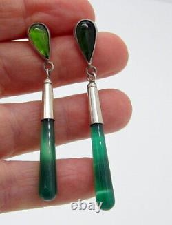 Estate Vintage Bright Green Onyx Sterling Silver Long Dangle Pierced Earrings