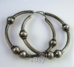 Estate Vintage Elegant Huge Sterling Silver Ornate Bead Pierced Hoop Earrings