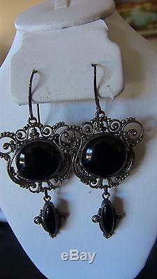 Estate Vintage HUGE Deep Black Onyx & Sterling Silver 22 G Wire Dangle Earrings