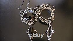 Estate Vintage HUGE Deep Black Onyx & Sterling Silver 22 G Wire Dangle Earrings