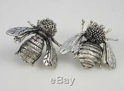 Estate Vintage Large Mexico Sterling Silver Bumble Honey Bee Pierced Earrings